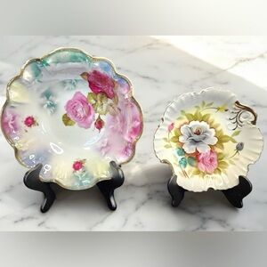 Two Rose Scalloped Edged Bowls -  Gold Trim Hand Painted